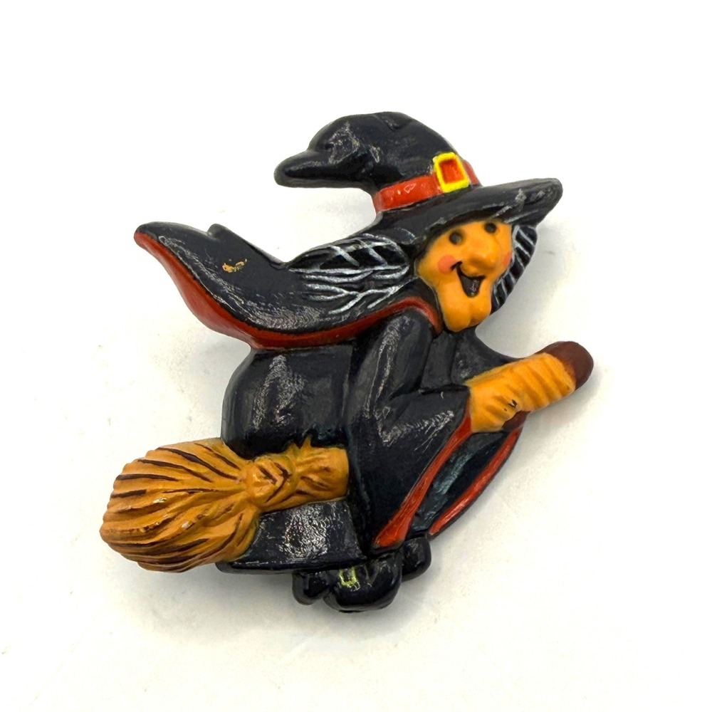 Hallmark Halloween Witch Brooch Flying Broom Vintage‎ Figural Pin Black Orange